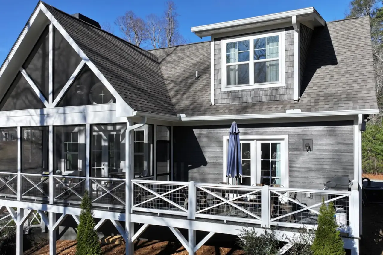 Modern bathroom with a walk-in shower in a scenic 4-bedroom Lake Burton home